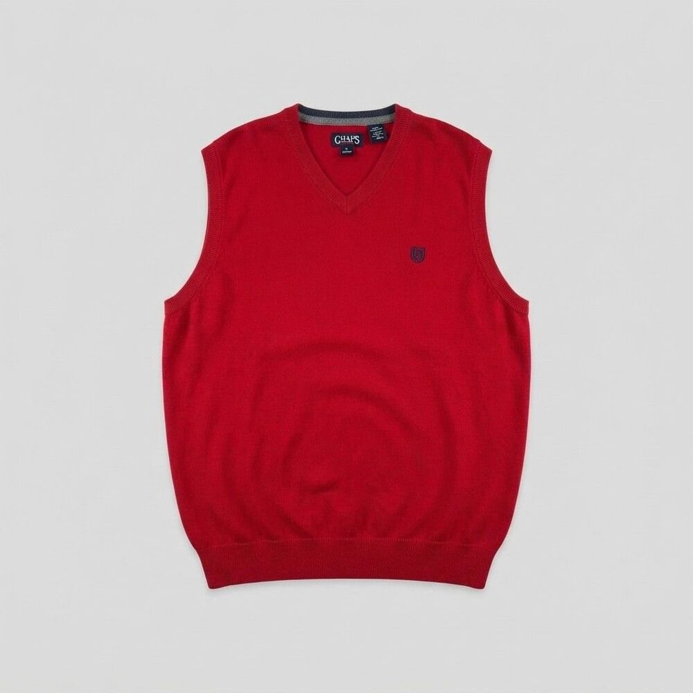 Chaps Men's Size XL Red Sweater 100% Cotton V Neck Vest With Logo